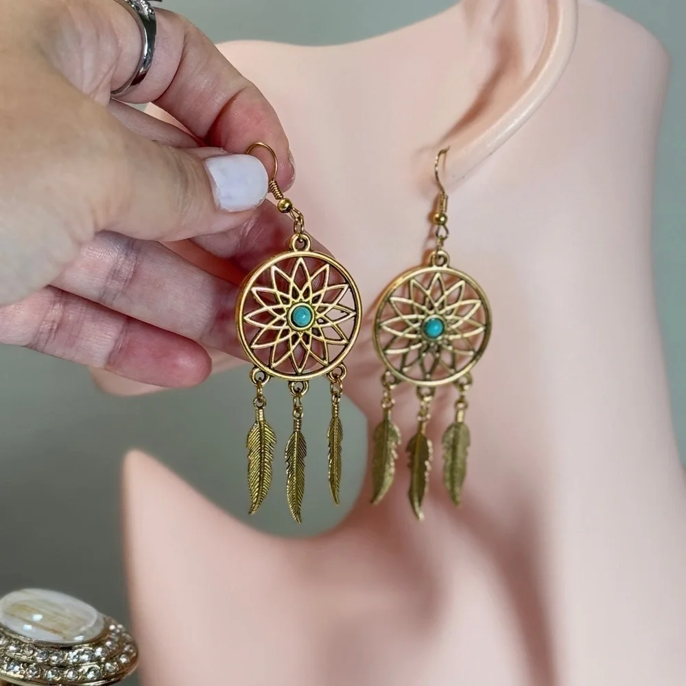 ⚜️ Western Style Gold Dreamcatcher Earrings with Turquoise